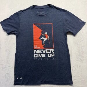 Two Blind Brothers Tee M Navy Never Give Up Braille Rock Climbing Graphic Shirt